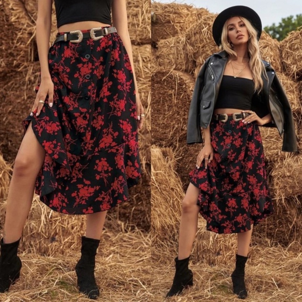 Boho Red Black Ruffle Button Midi Skirt - Picture 1 of 6